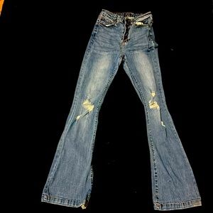 Juniors flare wide leg blue jeans